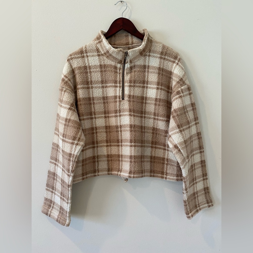 Love Tree Pullover Sweater Large Plaid Adjustable 1/4 Zip Neutral Brown Tan